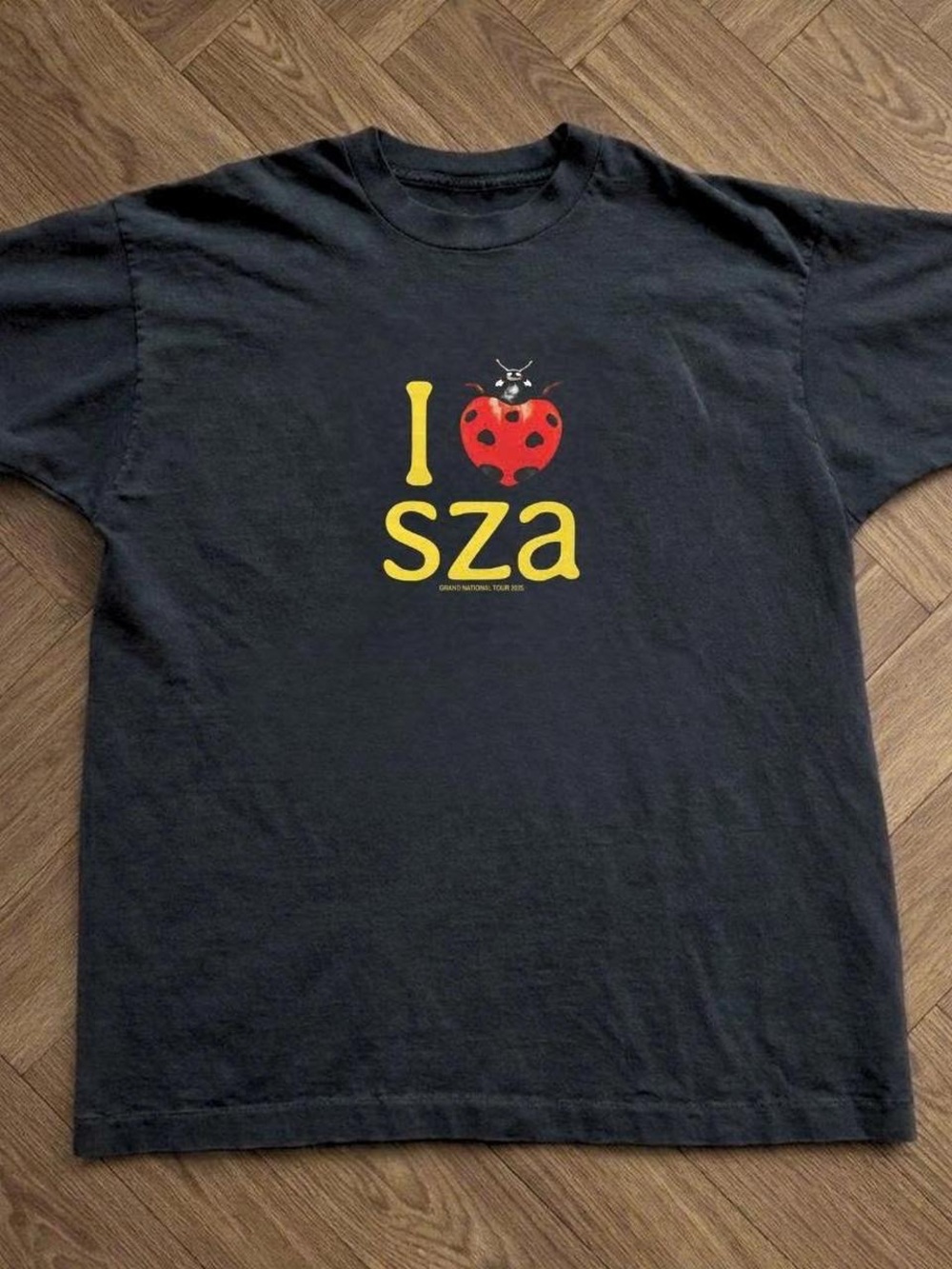 Gildan Black Tee with Yellow 'I sza' and Red Ladybug Graphic